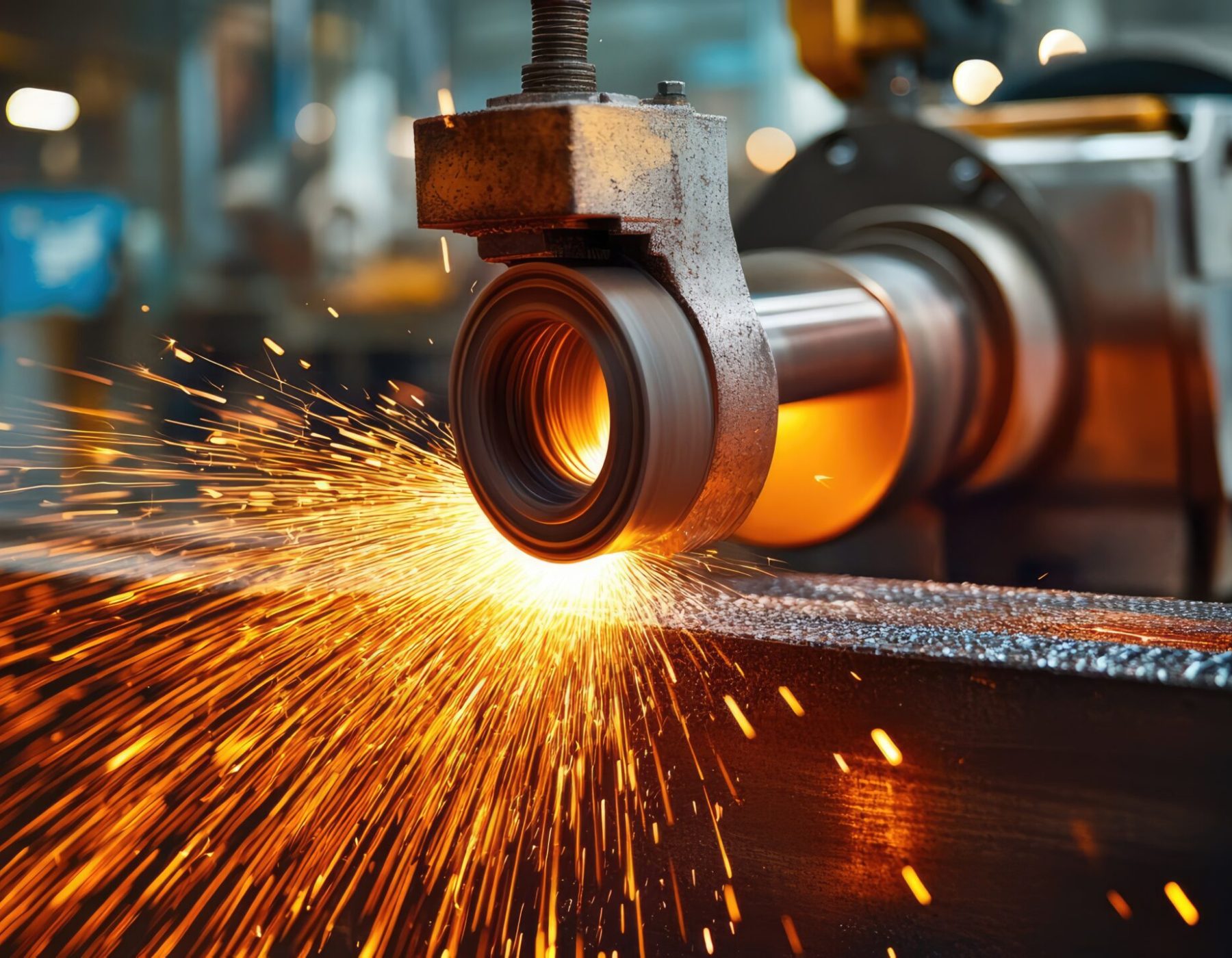 Electric wheel grinding on steel structure in factory Electric wheel grinding on steel structure in factory